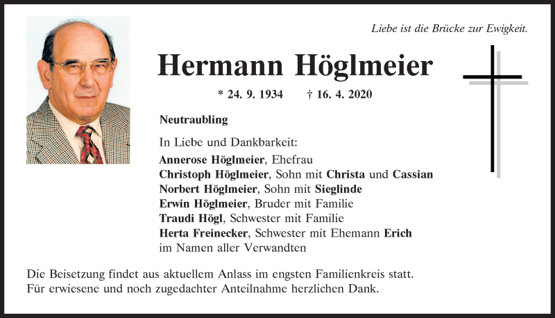  Traueranzeige für Hermann Höglmeier vom 22.04.2020 aus Mittelbayerische Zeitung Regensburg