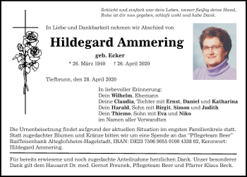 Traueranzeige von Hildegard Ammering von Mittelbayerische Zeitung Regensburg