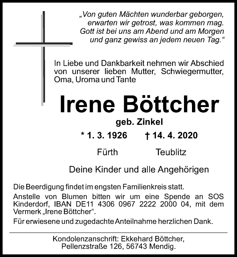  Traueranzeige für Irene Böttcher vom 18.04.2020 aus Mittelbayerische Zeitung Schwandorf