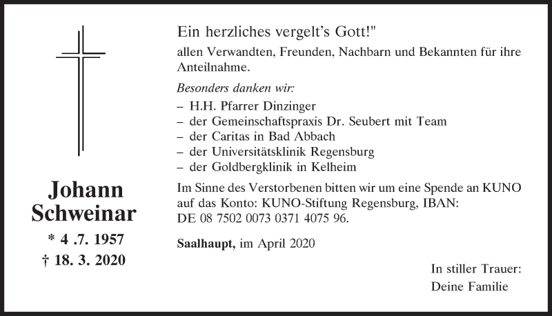  Traueranzeige für Johann Schweinar vom 25.04.2020 aus Mittelbayerische Zeitung Gesamtausgabe