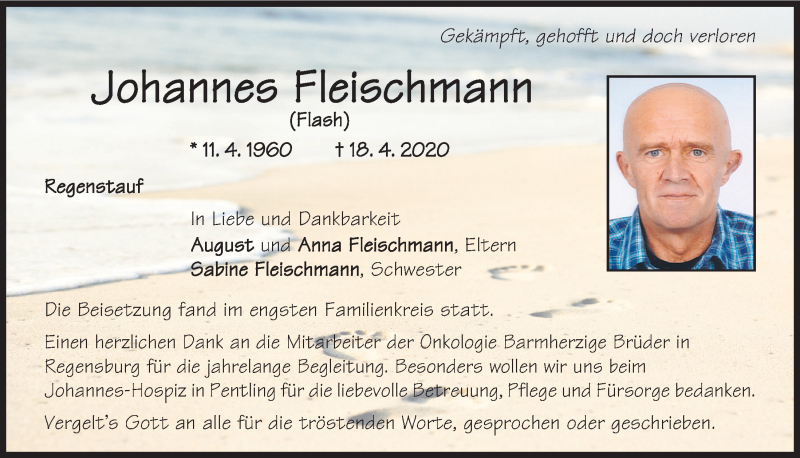 Traueranzeige für Johannes Fleischmann vom 25.04.2020 aus Mittelbayerische Zeitung Regensburg