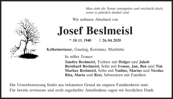 Traueranzeige von Josef Beslmeisl von Mittelbayerische Zeitung Kelheim