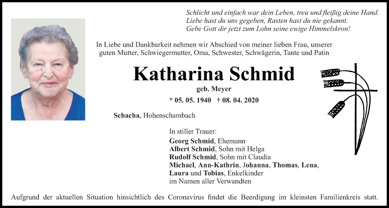  Traueranzeige für Katharina Schmid vom 15.04.2020 aus Mittelbayerische Zeitung Regensburg