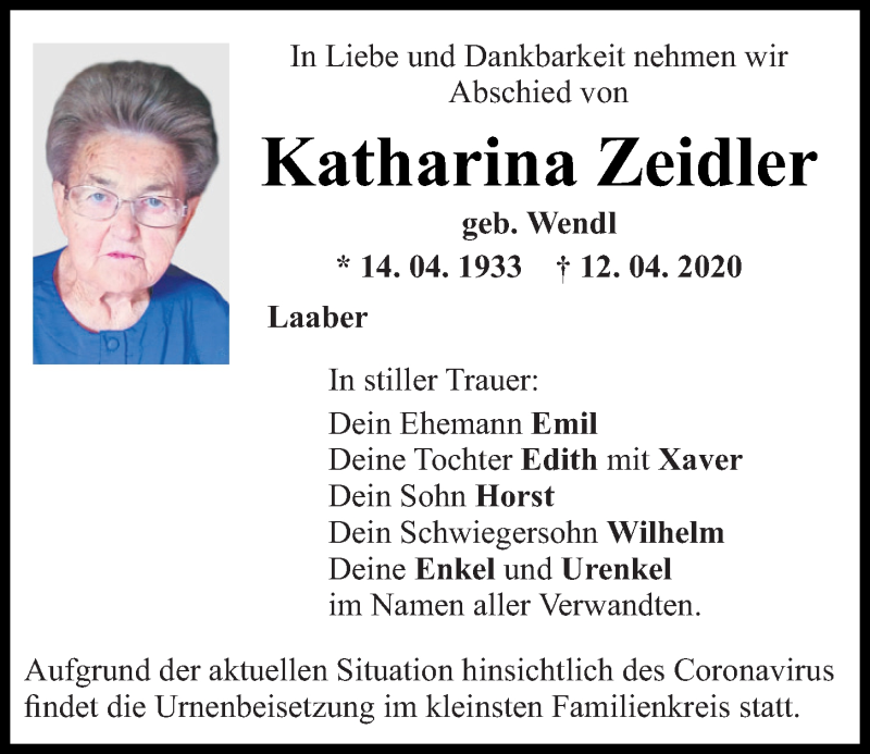  Traueranzeige für Katharina Zeidler vom 15.04.2020 aus Mittelbayerische Zeitung Regensburg