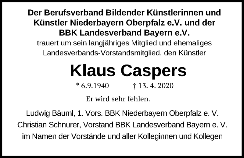  Traueranzeige für Klaus Caspers vom 15.04.2020 aus Mittelbayerische Zeitung Gesamtausgabe
