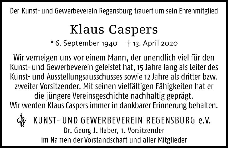  Traueranzeige für Klaus Caspers vom 15.04.2020 aus Mittelbayerische Zeitung Gesamtausgabe