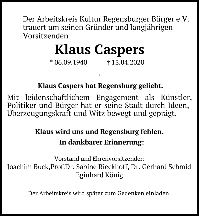  Traueranzeige für Klaus Caspers vom 16.04.2020 aus Mittelbayerische Zeitung Regensburg