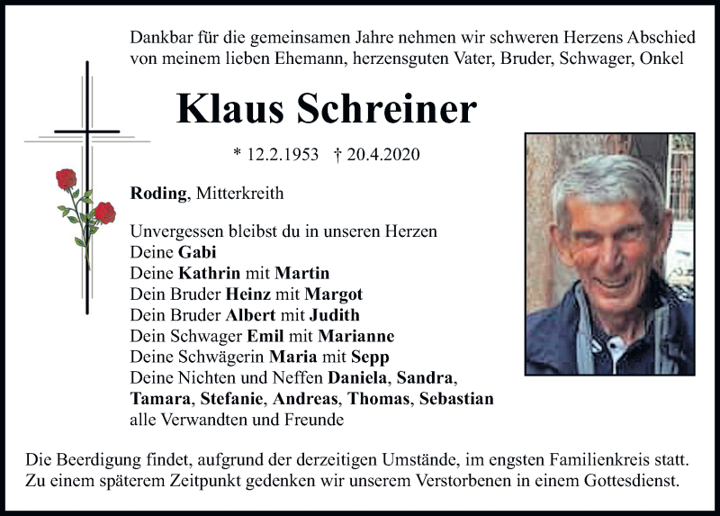  Traueranzeige für Klaus Schreiner vom 22.04.2020 aus Bayerwald Echo