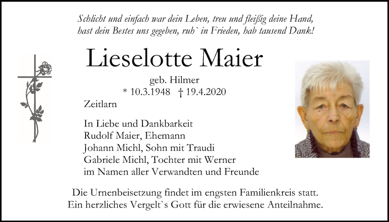  Traueranzeige für Lieselotte Maier vom 25.04.2020 aus Mittelbayerische Zeitung Regensburg