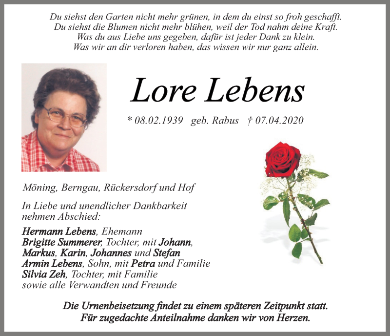  Traueranzeige für Lore Lebens vom 17.04.2020 aus Neumarkter Tagblatt