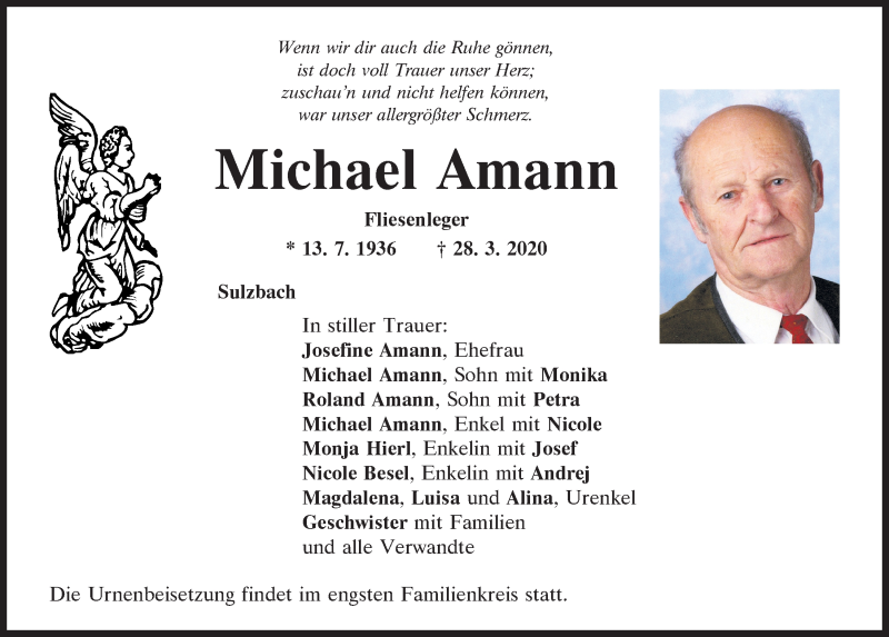  Traueranzeige für Michael Amann vom 01.04.2020 aus Mittelbayerische Zeitung Regensburg