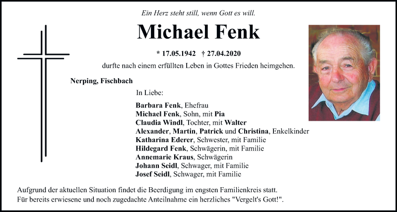  Traueranzeige für Michael Fenk vom 28.04.2020 aus Mittelbayerische Zeitung Regensburg