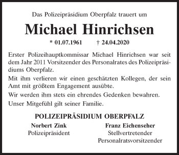 Traueranzeige von Michael Hinrichsen von Mittelbayerische Zeitung Regensburg