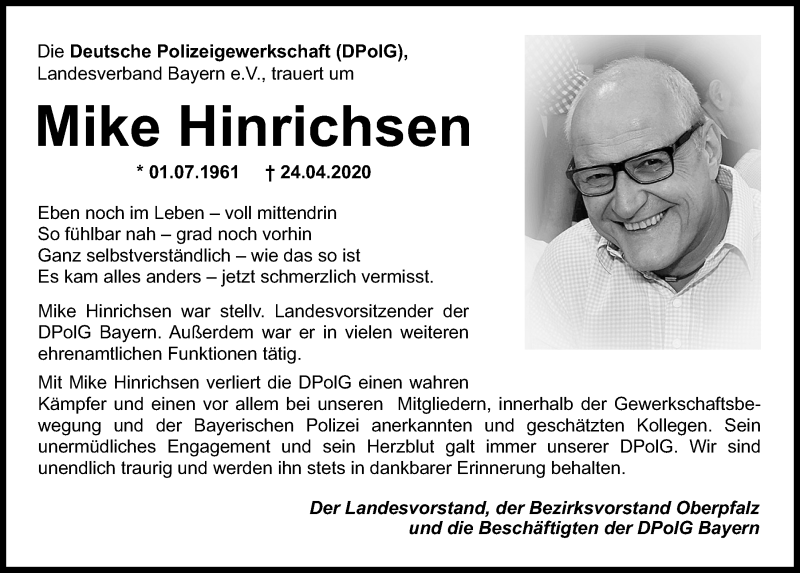  Traueranzeige für Mike Hinrichsen vom 28.04.2020 aus Mittelbayerische Zeitung Regensburg