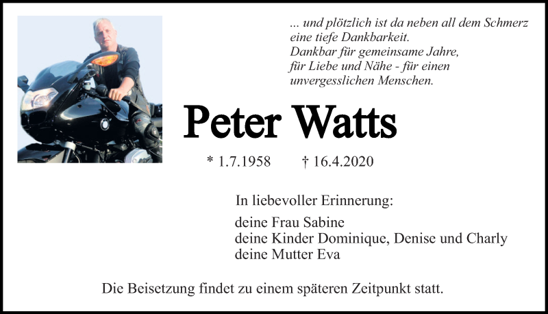  Traueranzeige für Peter Watts vom 22.04.2020 aus Neumarkter Tagblatt