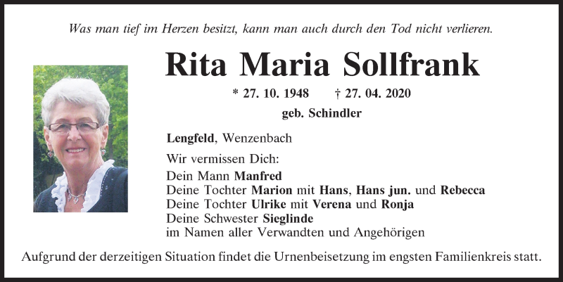  Traueranzeige für Rita Maria Sollfrank vom 29.04.2020 aus Mittelbayerische Zeitung Regensburg