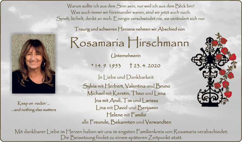  Traueranzeige für Rosamaria Hirschmann vom 28.04.2020 aus Neumarkter Tagblatt