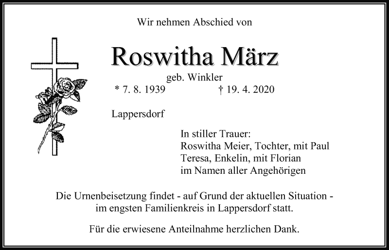  Traueranzeige für Roswitha März vom 25.04.2020 aus Mittelbayerische Zeitung Regensburg