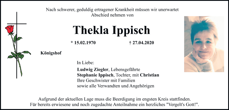  Traueranzeige für Thekla Ippisch vom 29.04.2020 aus Mittelbayerische Zeitung Regensburg