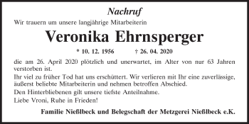 Traueranzeige von Veronika Ehrnsperger von Neumarkter Tagblatt
