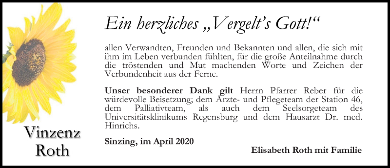  Traueranzeige für Vinzenz Roth vom 04.04.2020 aus Mittelbayerische Zeitung Regensburg