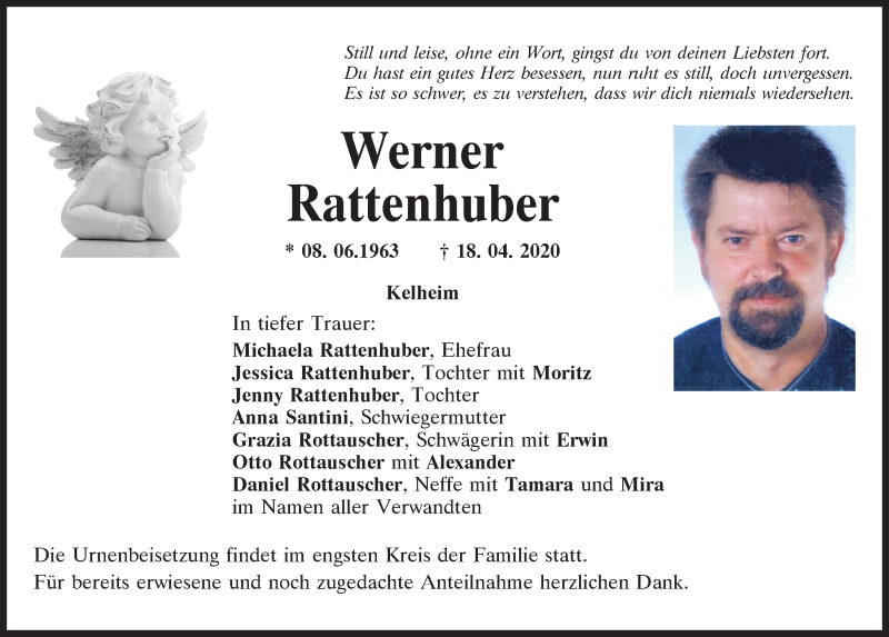  Traueranzeige für Werner Rattenhuber vom 25.04.2020 aus Mittelbayerische Zeitung Kelheim