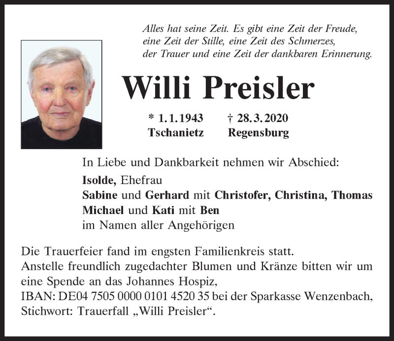  Traueranzeige für Willi Preisler vom 04.04.2020 aus Mittelbayerische Zeitung Regensburg