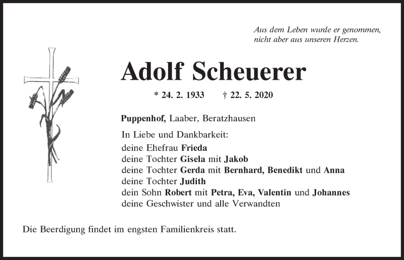  Traueranzeige für Adolf Scheuerer vom 25.05.2020 aus Mittelbayerische Zeitung Regensburg