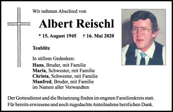 Traueranzeige von Albert Reischl von Mittelbayerische Zeitung Schwandorf