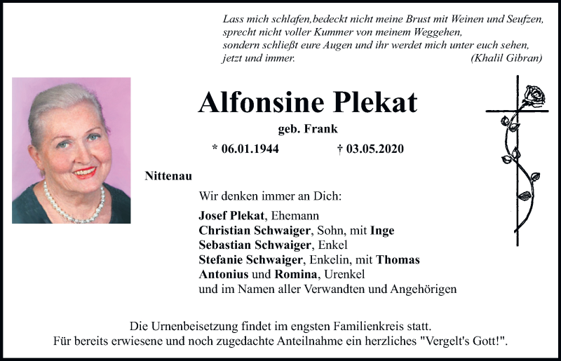  Traueranzeige für Alfonsine Plekat vom 09.05.2020 aus Mittelbayerische Zeitung Schwandorf
