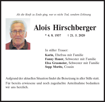 Traueranzeige von Alois Hirschberger von Mittelbayerische Zeitung Regensburg
