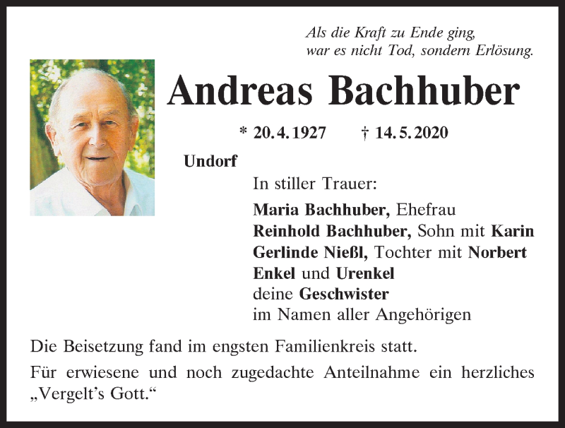  Traueranzeige für Andreas Bachhuber vom 23.05.2020 aus Mittelbayerische Zeitung Regensburg