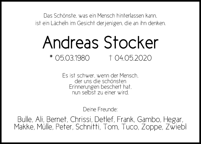  Traueranzeige für Andreas Stocker vom 16.05.2020 aus Mittelbayerische Zeitung Regensburg