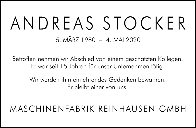  Traueranzeige für Andreas Stocker vom 13.05.2020 aus Mittelbayerische Zeitung Regensburg