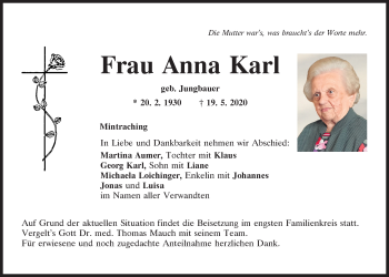 Traueranzeige von Anna Karl von Mittelbayerische Zeitung Regensburg