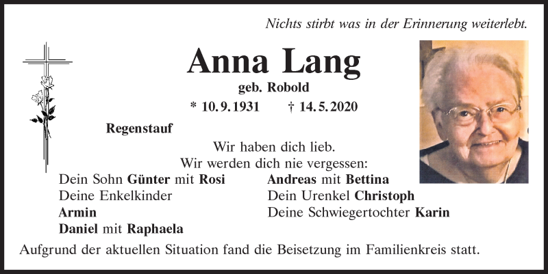  Traueranzeige für Anna Lang vom 23.05.2020 aus Mittelbayerische Zeitung Regensburg