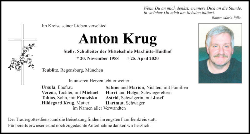  Traueranzeige für Anton Krug vom 02.05.2020 aus Mittelbayerische Zeitung Regensburg