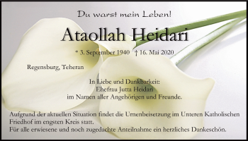 Traueranzeige von Ataollah Heidari von Mittelbayerische Zeitung Regensburg