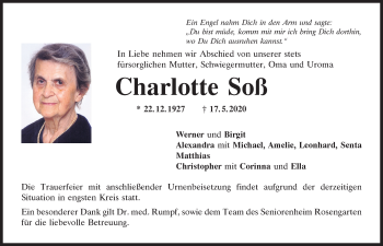 Traueranzeige von Charlotte Soß von Mittelbayerische Zeitung Regensburg