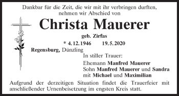 Traueranzeige von Christa Mauerer von Mittelbayerische Zeitung Regensburg