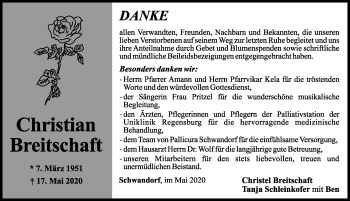 Traueranzeige von Christian Breitschaft von Mittelbayerische Zeitung Schwandorf