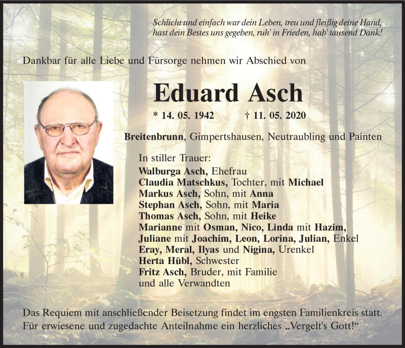  Traueranzeige für Eduard Asch vom 13.05.2020 aus Neumarkter Tagblatt
