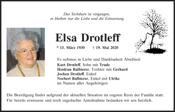 Traueranzeige von Elsa Drotleff von Mittelbayerische Zeitung Kelheim