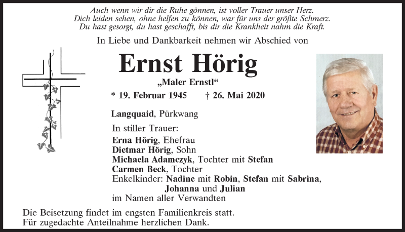  Traueranzeige für Ernst Hörig vom 30.05.2020 aus Mittelbayerische Zeitung Kelheim