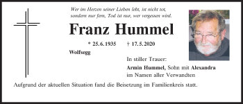 Traueranzeige von Franz Hummel von Mittelbayerische Zeitung Regensburg