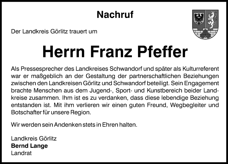  Traueranzeige für Franz Pfeffer vom 12.05.2020 aus Mittelbayerische Zeitung Schwandorf