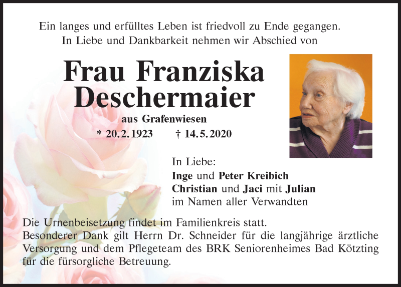 Traueranzeige für Franziska Deschermaier vom 20.05.2020 aus Bayerwald Echo