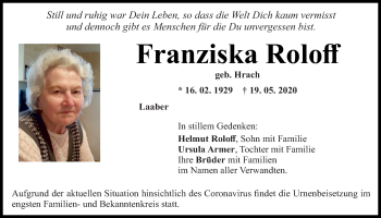 Traueranzeige von Franziska Roloff von Mittelbayerische Zeitung Regensburg