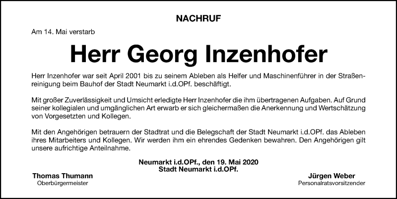  Traueranzeige für Georg Inzenhofer vom 19.05.2020 aus Neumarkter Tagblatt