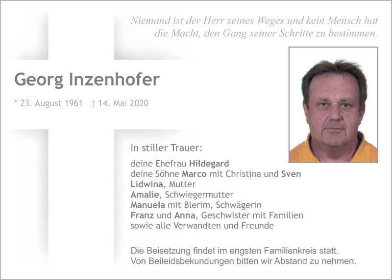  Traueranzeige für Georg Inzenhofer vom 18.05.2020 aus Neumarkter Tagblatt